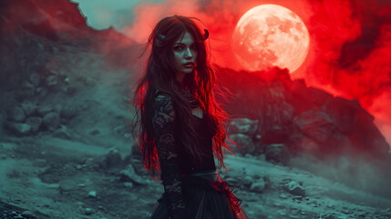 satanic bride in strange valley with fog, halloween scary concept, dark gothic lady, creepy wallpaper