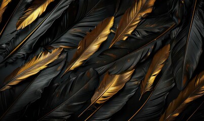 Wall Mural - Luxury gold feather on dark background. Golden line art with bird feathers hand drawn wallpaper. Design in seamless pattern for banner, decoration, wall art, invitation, wedding and fabric.