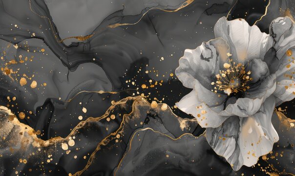 Watercolor Charcoal Gray background with elements of gold splashes. Great for backgrounds