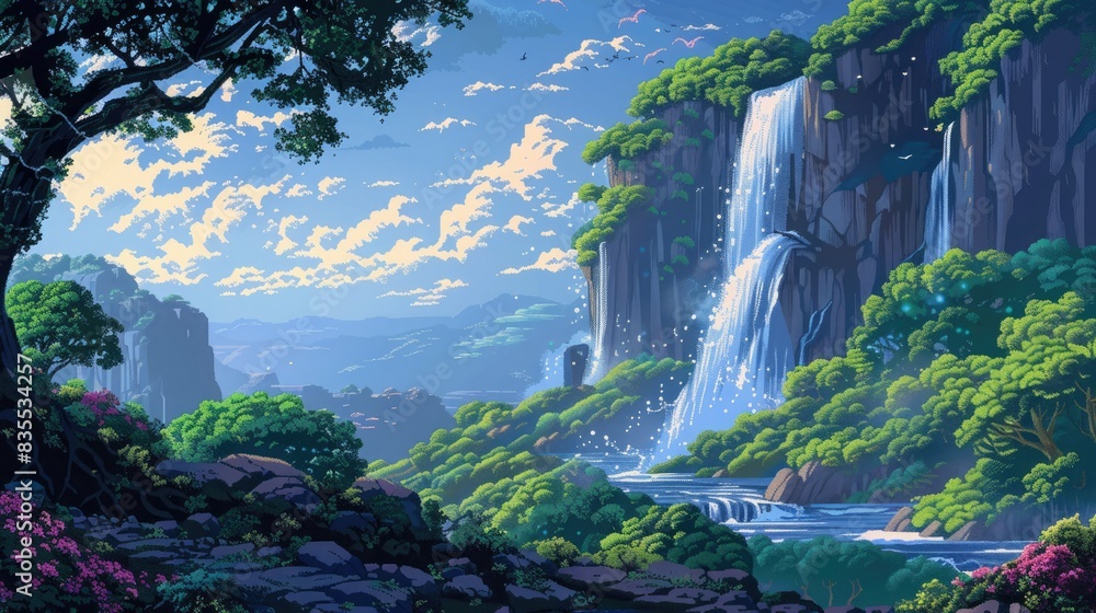 pixel art landscape featuring lush green trees and a cascading ...