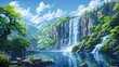 © Siasart Studio - pixel art landscape featuring a serene waterfall surrounded by lush green trees, a large rock, and a pink flower, with a white cloud adding to the picturesque view