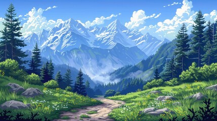 pixel art landscape featuring a dirt road winding through a lush forest of tall green trees, with a majestic mountain in the distance and a clear blue sky above