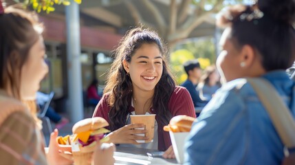 Wall Mural - Three young women are sitting at a table outside, eating lunch and talking. They are all smiling and seem to be enjoying their conversation.