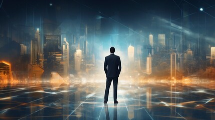 Business man on future network city, copy space, generative ai