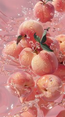 Wall Mural - This image depicts a bunch of fresh, dewy peaches with green leaves, submerged in splashing water. The background is a soft pink, enhancing the juicy, vibrant appearance of the peaches.