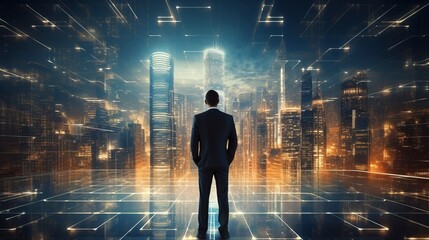 Business man on future network city, copy space, generative ai