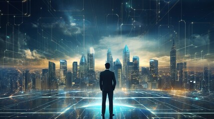 Business man on future network city, copy space, generative ai