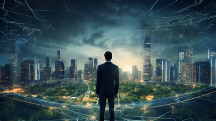 Business man on future network city, copy space, generative ai