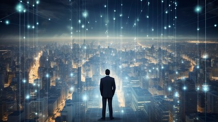 Business man on future network city, copy space, generative ai