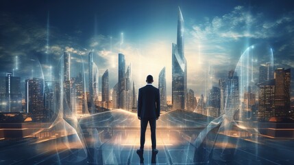 Business man on future network city, copy space, generative ai