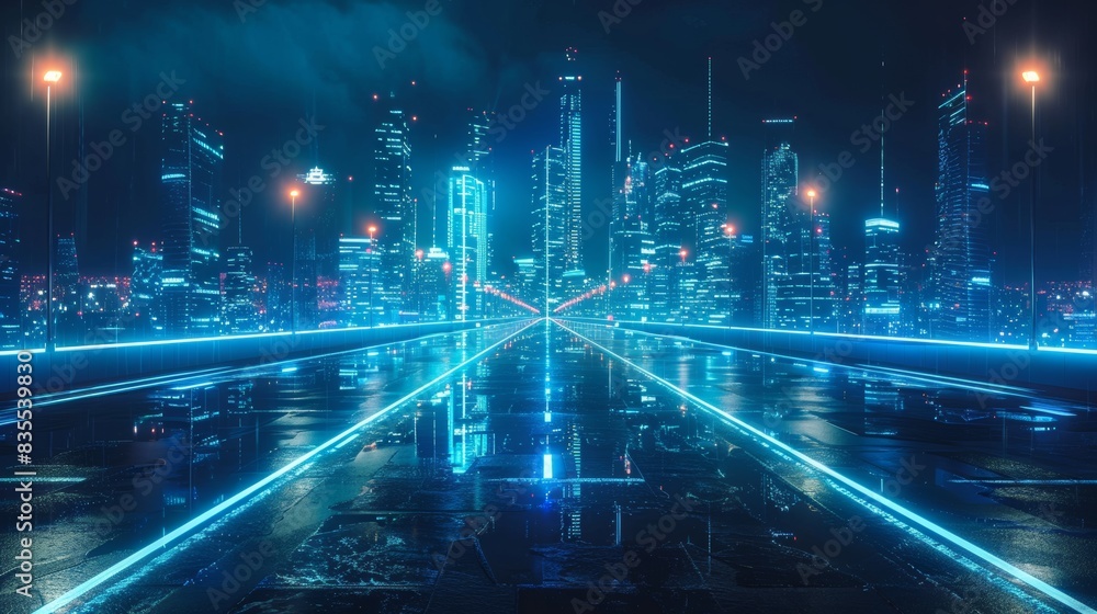 A futuristic cityscape with skyscrapers and glowing blue lights, a ...