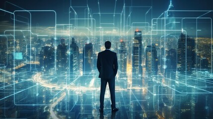 Business man on future network city, copy space, generative ai