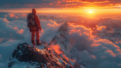 Individual standing on mountain gazes at sunset over natural landscape