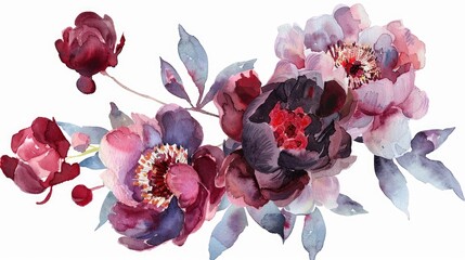 Poster - Clipart of burgundy and pink peonies in watercolor