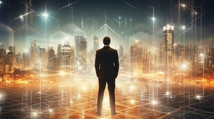 Business man on future network city, copy space, generative ai