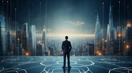 Business man on future network city, copy space, generative ai