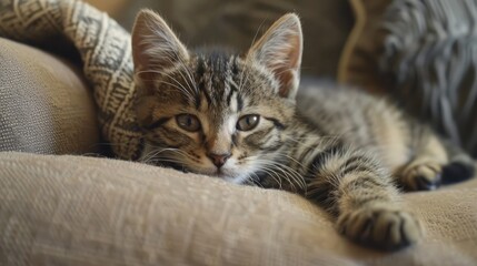 Wall Mural - A peaceful tabby kitten resting on the couch