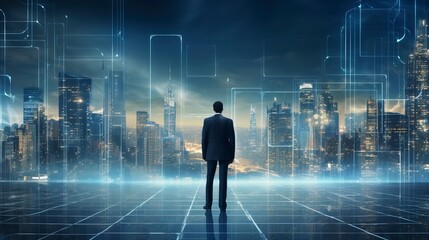 Business man on future network city, copy space, generative ai