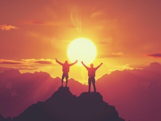 Wall Mural - Two people standing on mountain at sunset