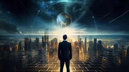 Business man on future network city, copy space, generative ai
