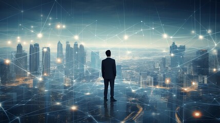 Business man on future network city, copy space, generative ai