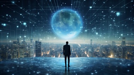 Business man on future network city, copy space, generative ai