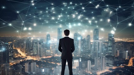 Business man on future network city, copy space, generative ai