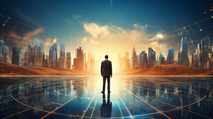 Business man on future network city, copy space, generative ai