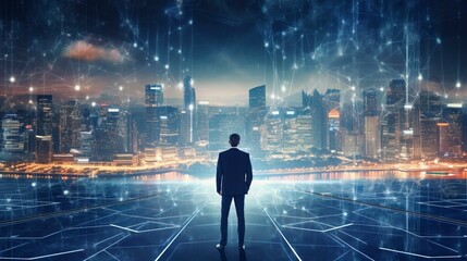 Business man on future network city, copy space, generative ai