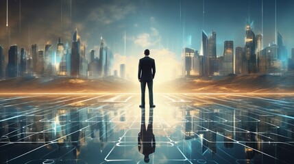 Business man on future network city, copy space, generative ai