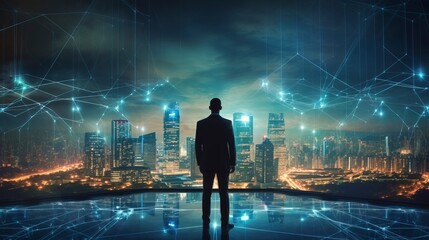 Business man on future network city, copy space, generative ai