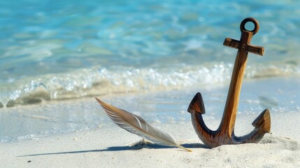 Canvas Print - A wooden anchor and feather resting in the pale sand by the shore