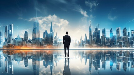 Business man on future network city, copy space, generative ai