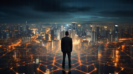 Business man on future network city, copy space, generative ai