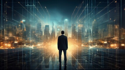 Business man on future network city, copy space, generative ai