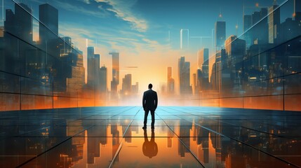 Business man on future network city, copy space, generative ai