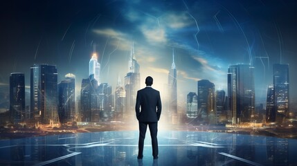 Business man on future network city, copy space, generative ai