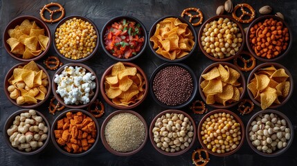 Various snacks and grains neatly arranged in bowls on a dark wood surface from a top-down perspective
