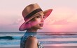 © sonderstock - Women wearing straw hat, double exposure with a beach and a pinkish sky sunset.