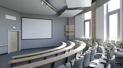 beige and gray lecture hall corner with projection screen
