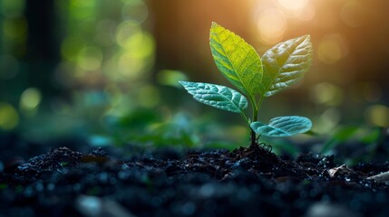 Image of a green plant with lush leaves growing from dark soil, dimly illuminated by gentle light