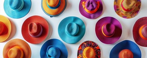 Colorful hats arranged in a circle on a white background.