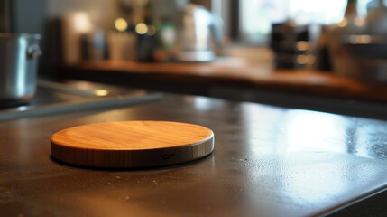 Canvas Print - A wooden cutting board sits on a black counter in a modern kitchen. The cutting board is round and has a smooth, natural finish.