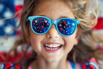 Happy child with sunglasses celebrating the 4th of July, Independence Day, Memorial Day