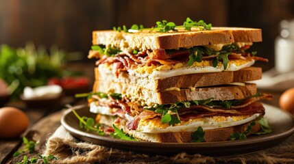 Wall Mural - A plate of sandwiches made with crispy bacon, fresh eggs, and crunchy lettuce