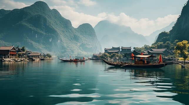 A tranquil fishing village on the coast of China, with wooden boats, fishing nets, and traditional stilt houses.  