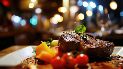 A juicy grilled steak served with various vegetables on a plate