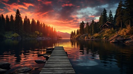 A tranquil sunset at a mountain lake, with pine trees surrounding the water, the sky's colors mirrored perfectly on the lake's surface, and a small wooden dock extending into the water. 