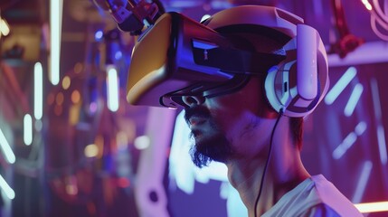 Canvas Print - Gamer wearing a VR headset, close-up, immersed in a virtual world, futuristic technology, emotional expression