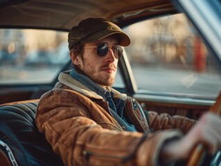 A person sitting in a vehicle, wearing a headgear and eyewear for sun protection